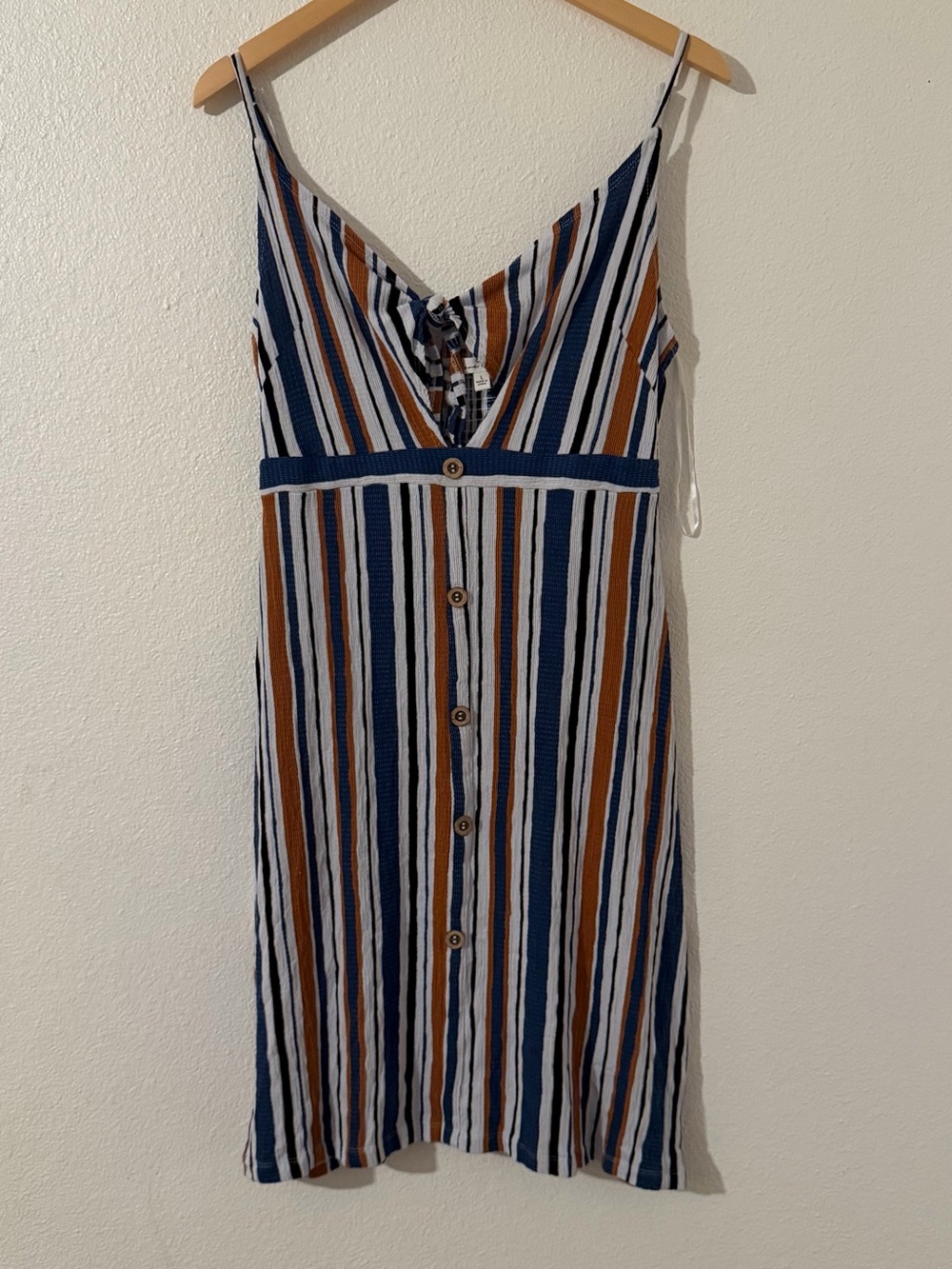 Love Tree Navy Brown & White Striped Button-Front Spaghetti Strap Dress Large